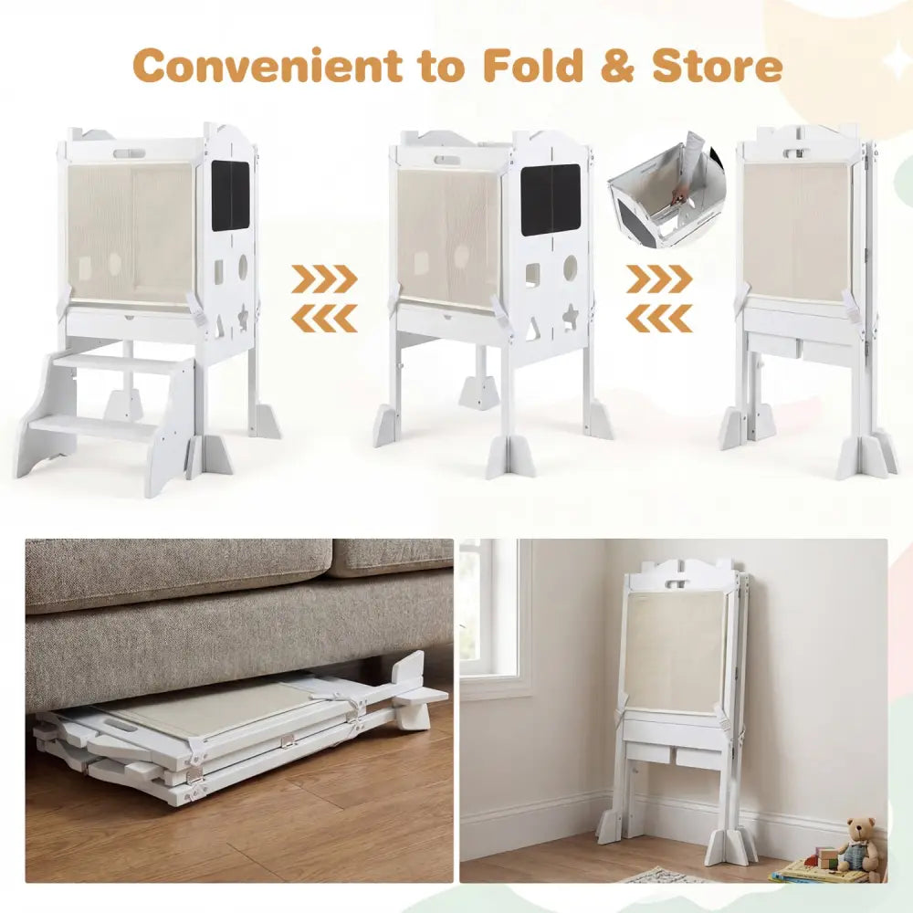 Foldable Toddler Step Stool with Chalkboards 2-Step Stool-White - White - Nursery Furniture