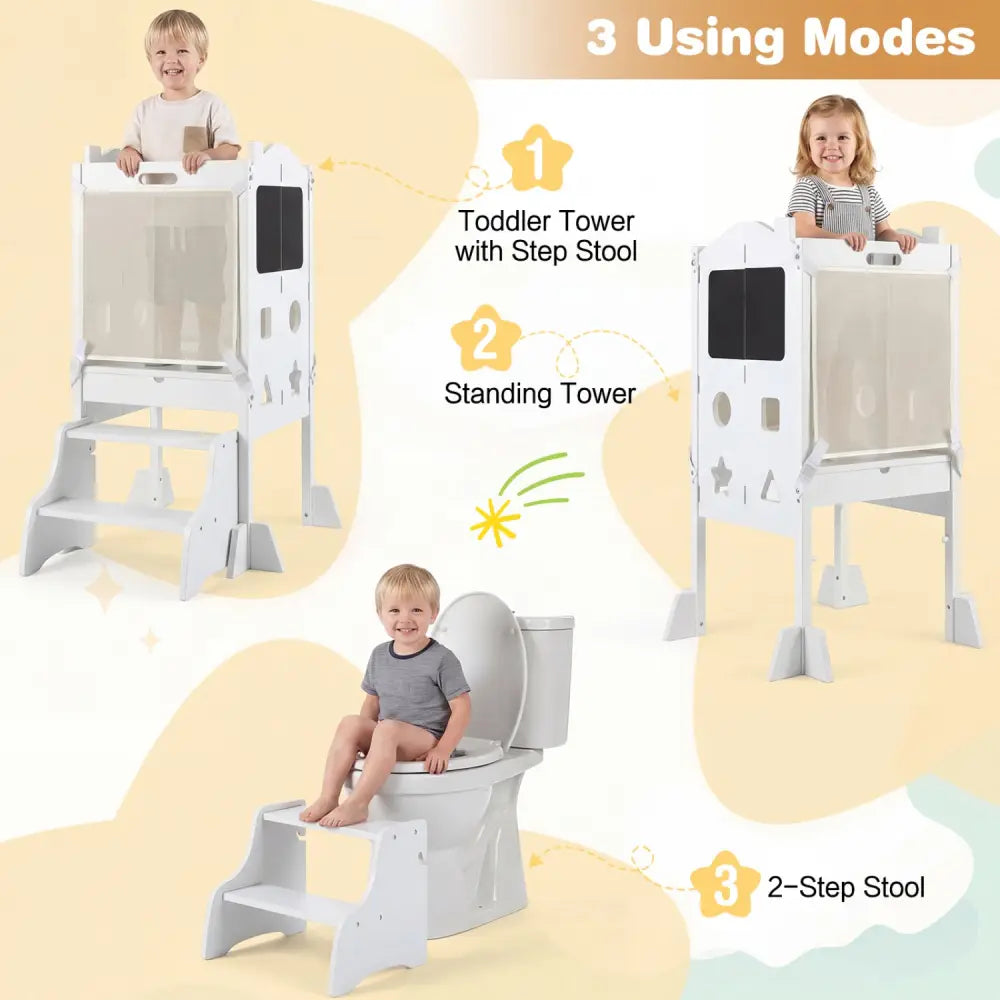 Foldable Toddler Step Stool with Chalkboards 2-Step Stool-White - White - Nursery Furniture