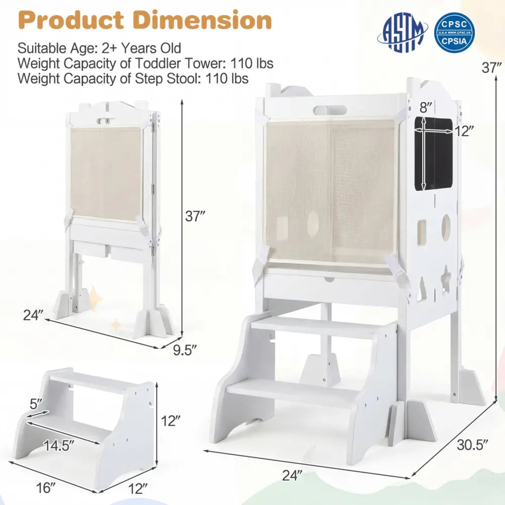 Foldable Toddler Step Stool with Chalkboards 2-Step Stool-White - White - Nursery Furniture