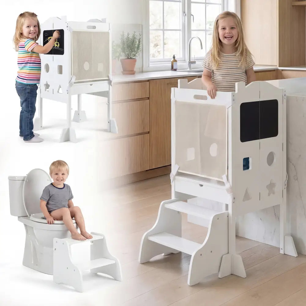 Foldable Toddler Step Stool with Chalkboards 2-Step Stool-White - White - Nursery Furniture