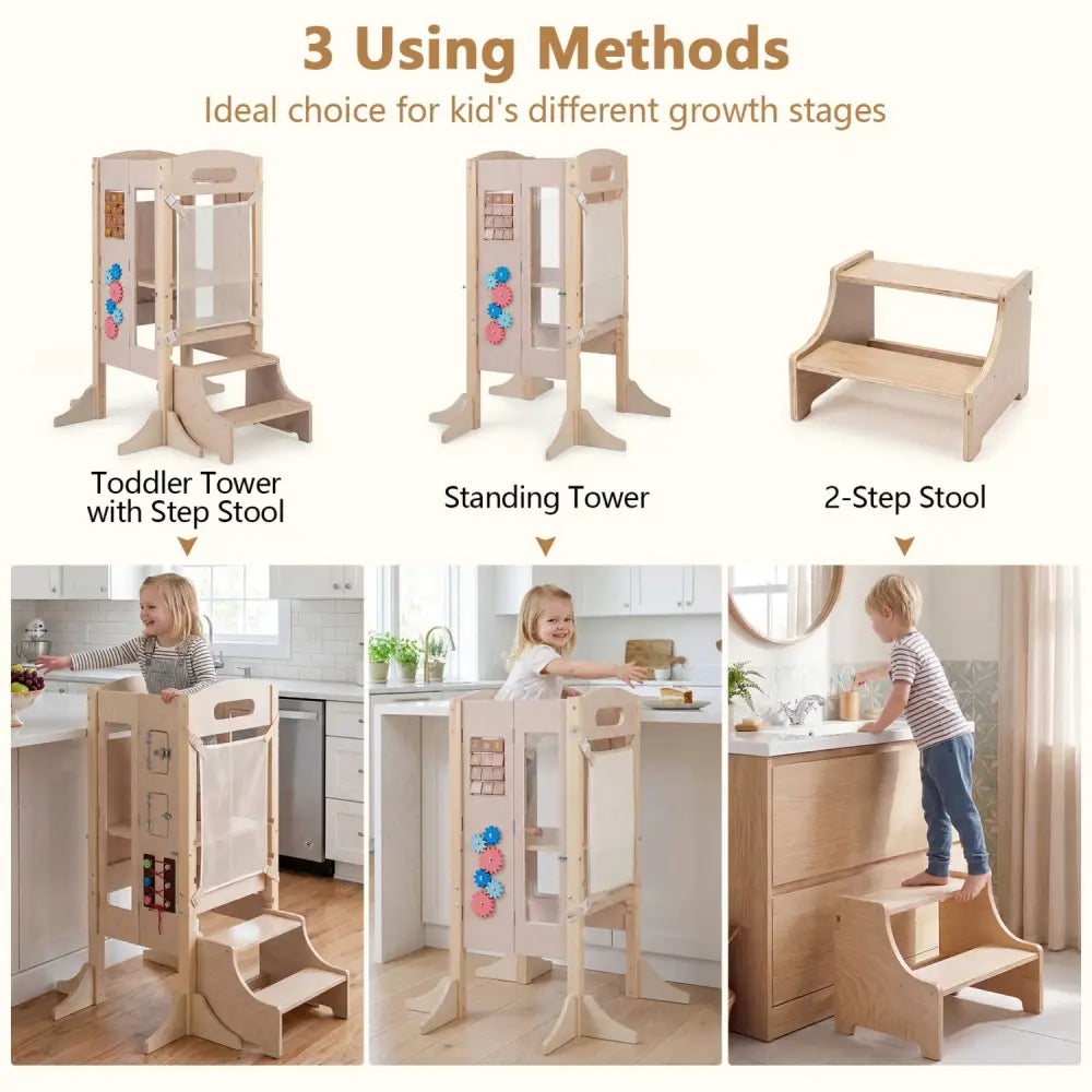 Foldable Toddler Step Stool Wooden Kitchen Standing Tower with 2-Step Stool - Toddler & Kids Furniture
