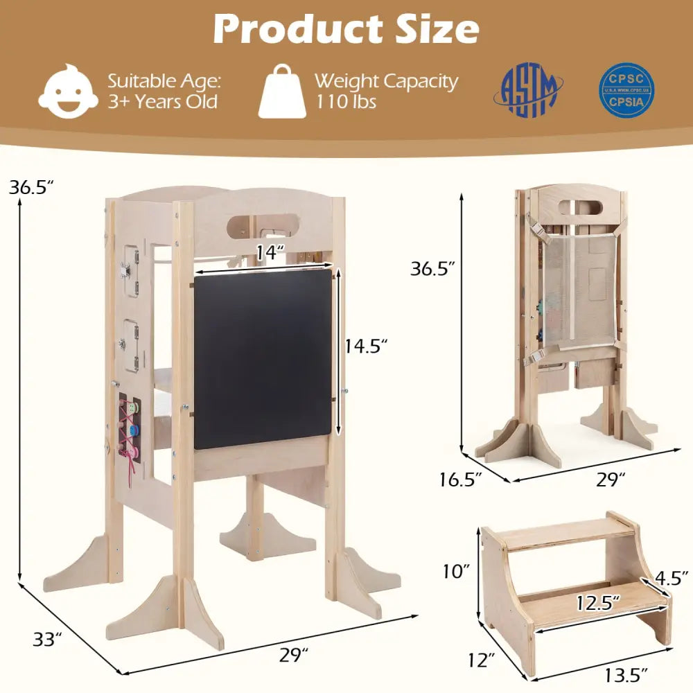 Foldable Toddler Step Stool Wooden Kitchen Standing Tower with 2-Step Stool - Toddler & Kids Furniture
