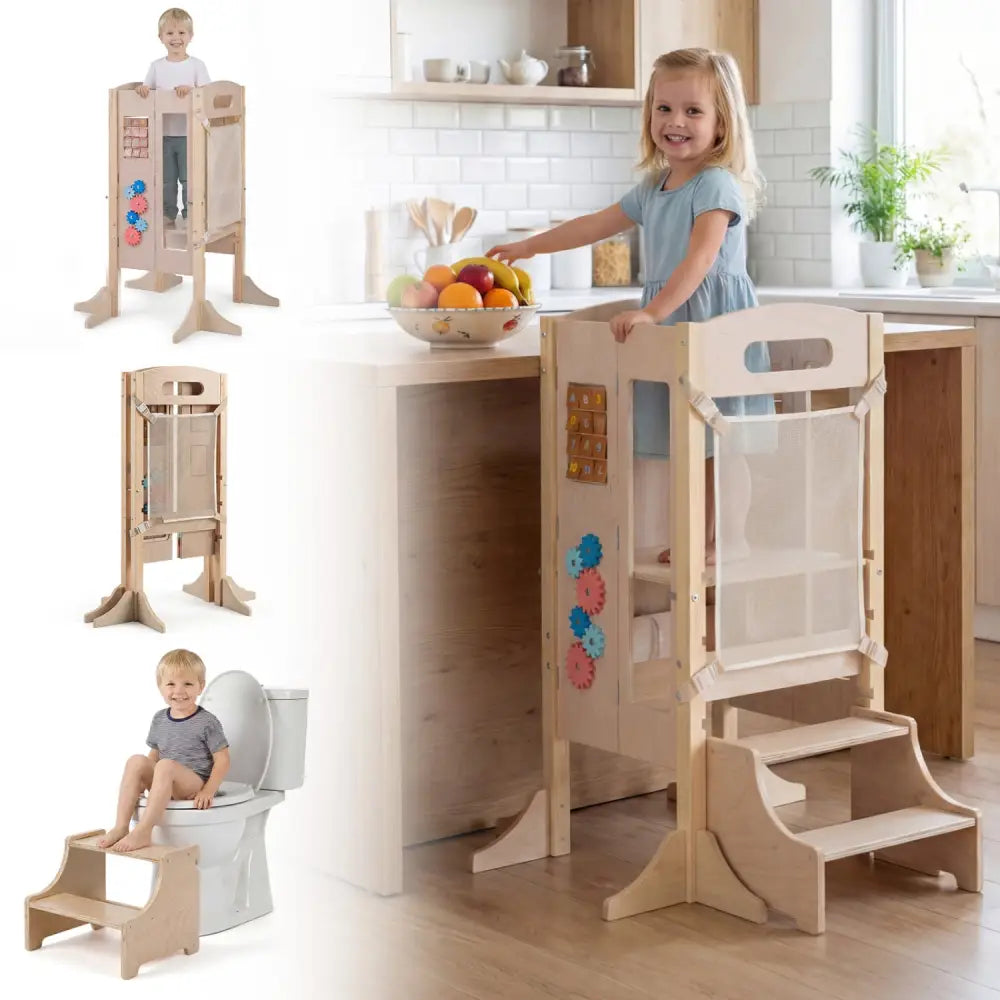 Foldable Toddler Step Stool Wooden Kitchen Standing Tower with 2-Step Stool - Toddler & Kids Furniture