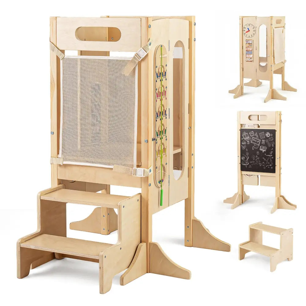 Foldable Toddler Tower with 2-Step Stool and Safety Net for 3+ Years Old - Toddler & Kids Furniture