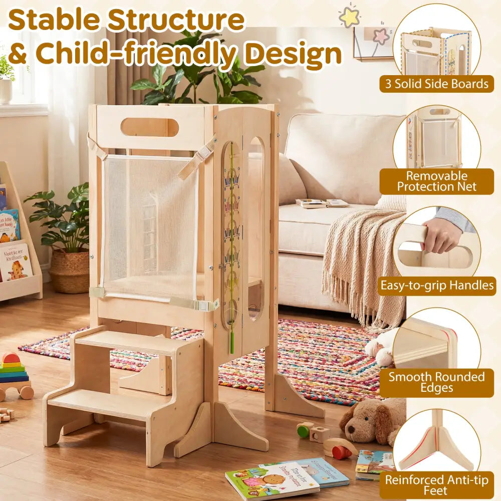 Foldable Toddler Tower with 2-Step Stool and Safety Net for 3+ Years Old - Toddler & Kids Furniture