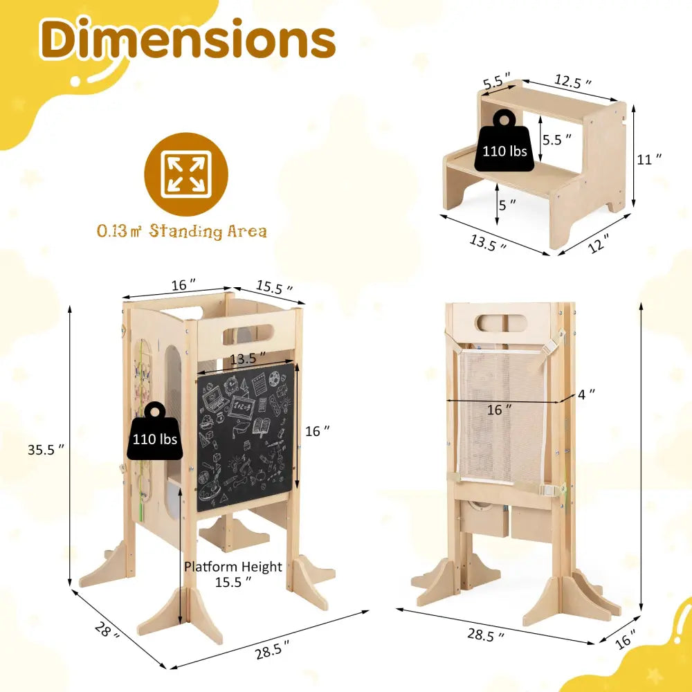 Foldable Toddler Tower with 2-Step Stool and Safety Net for 3+ Years Old - Toddler & Kids Furniture