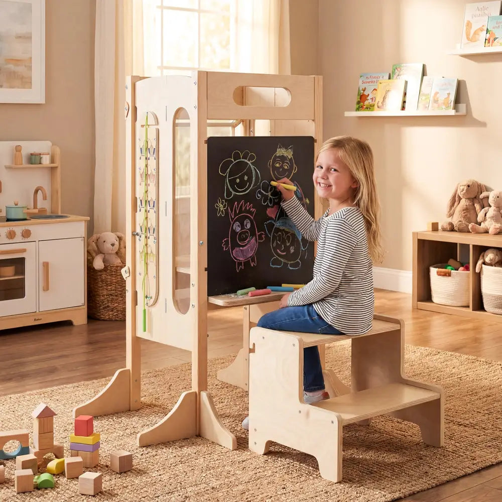 Foldable Toddler Tower with 2-Step Stool and Safety Net for 3+ Years Old - Toddler & Kids Furniture