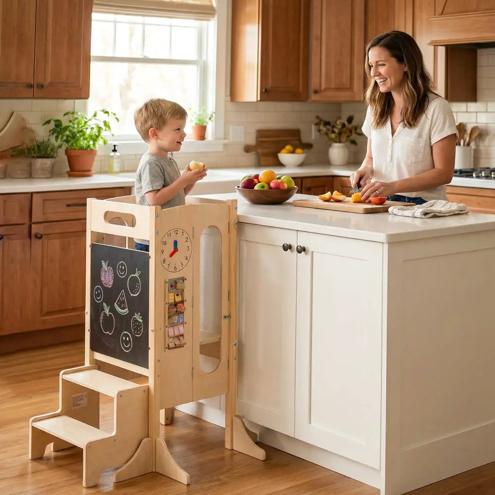 Foldable Toddler Tower with 2-Step Stool and Safety Net for 3+ Years Old - Toddler & Kids Furniture