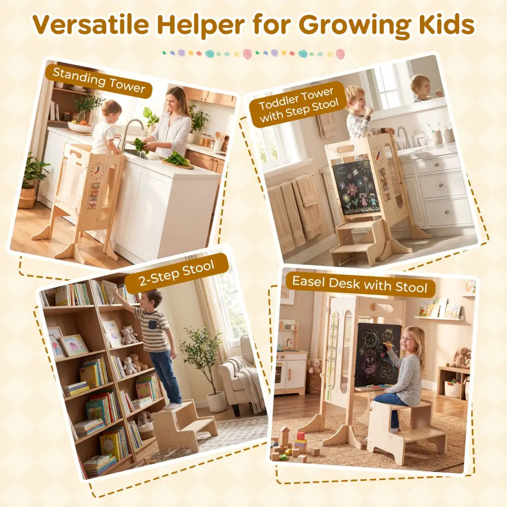 Foldable Toddler Tower with 2-Step Stool and Safety Net for 3+ Years Old - Toddler & Kids Furniture