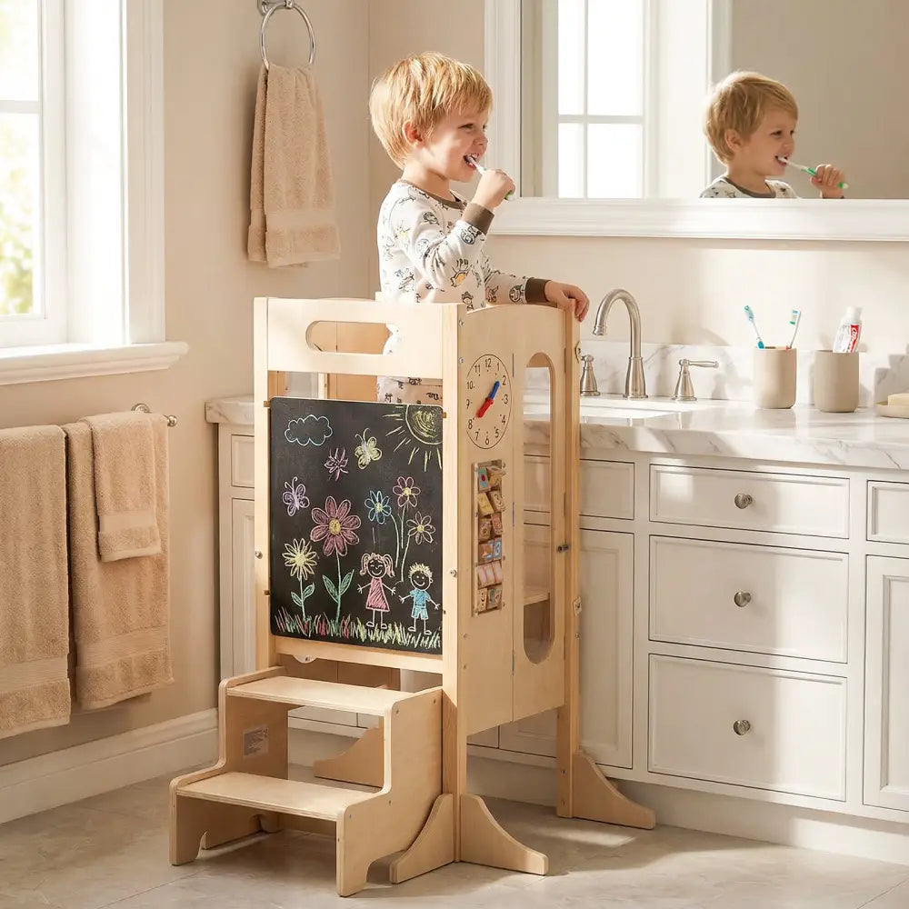 Foldable Toddler Tower with 2-Step Stool and Safety Net for 3+ Years Old - Toddler & Kids Furniture