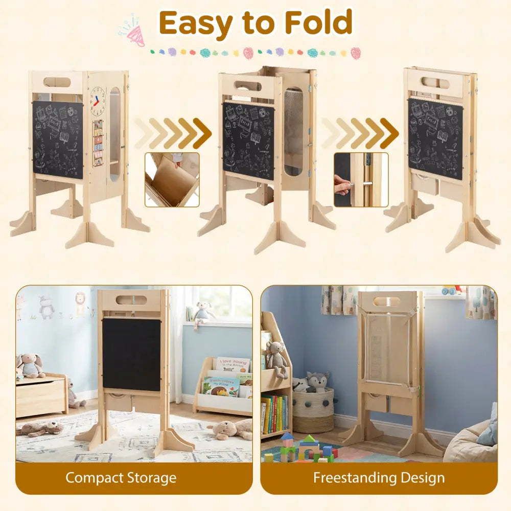 Foldable Toddler Tower with 2-Step Stool and Safety Net for 3+ Years Old - Toddler & Kids Furniture