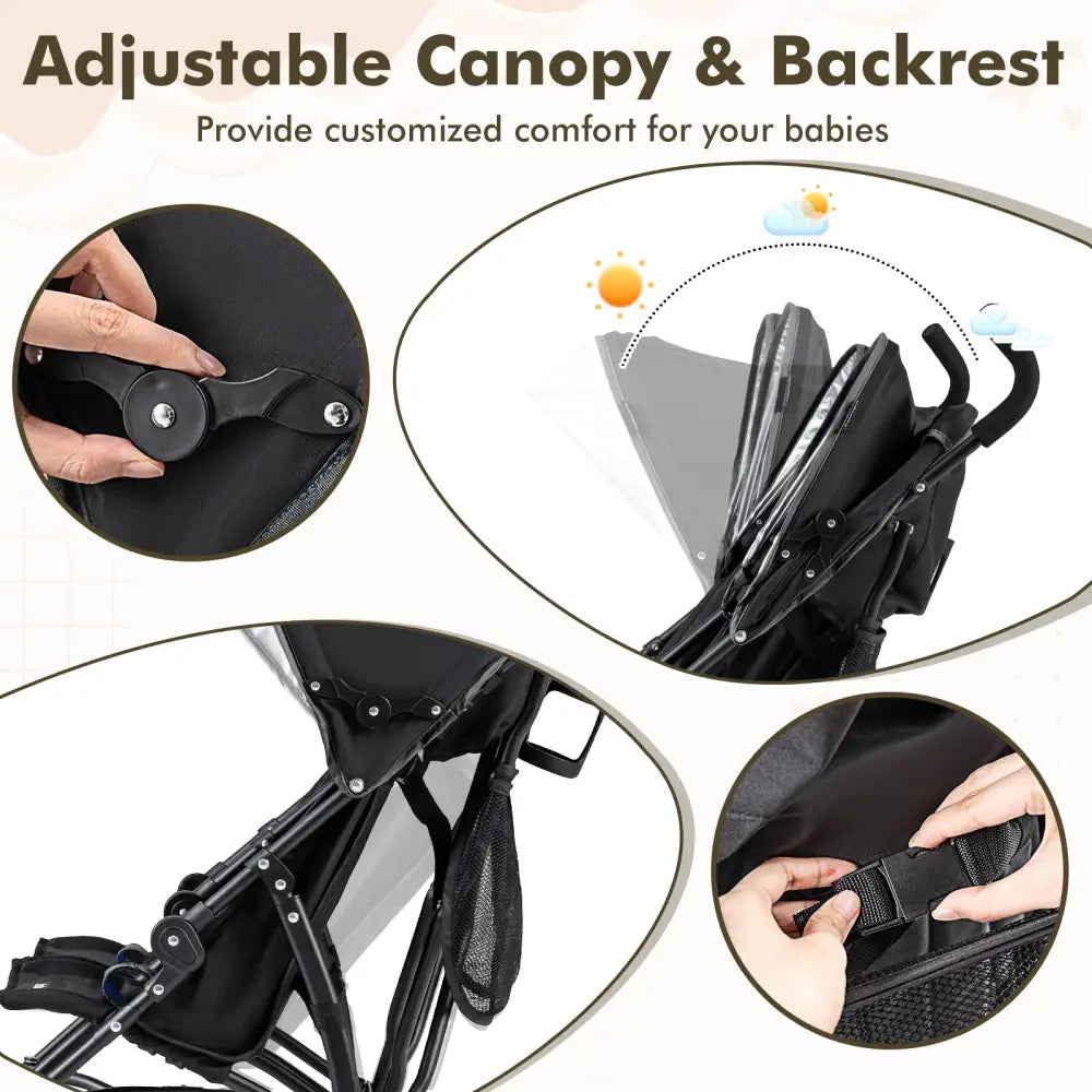 Foldable Twin Baby Double Stroller Ultralight Umbrella Kids Stroller-Black - Black - Baby Strollers