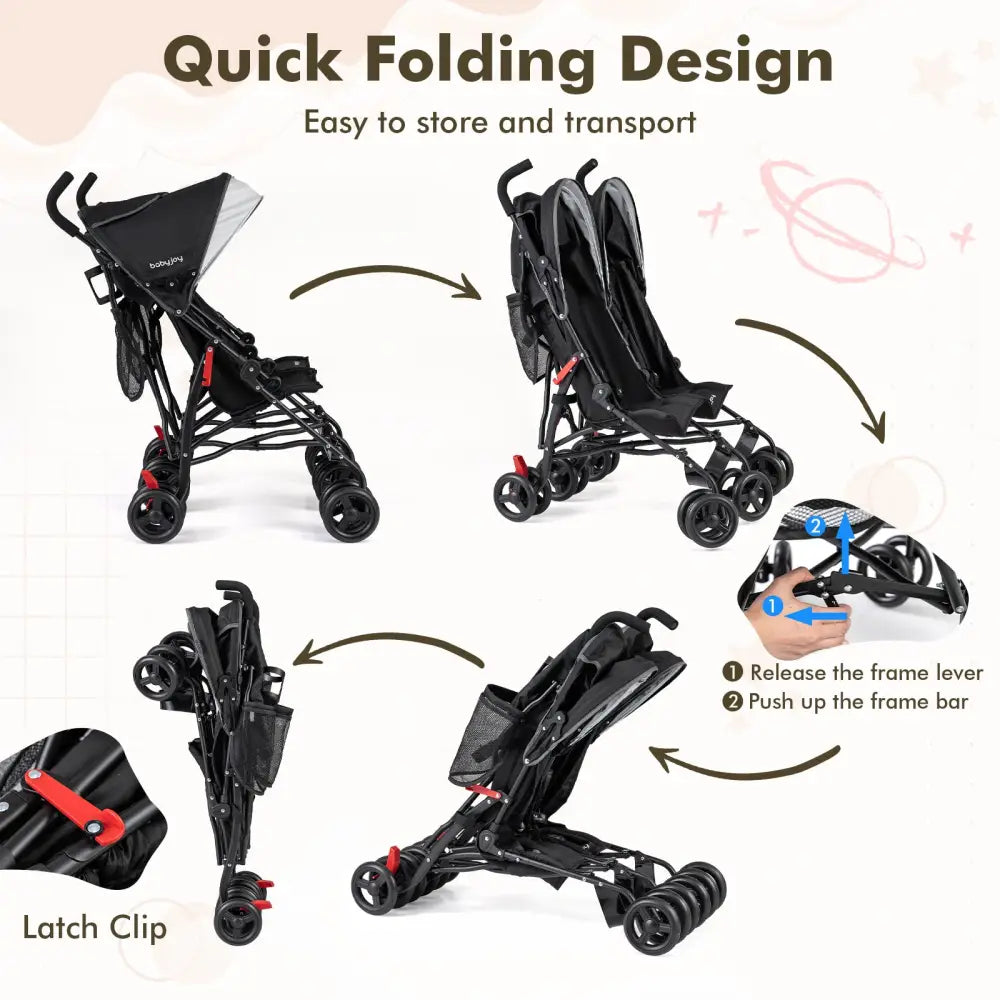 Foldable Twin Baby Double Stroller Ultralight Umbrella Kids Stroller-Black - Black - Baby Strollers