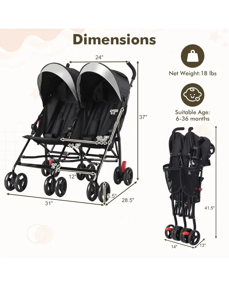 Foldable Twin Baby Double Stroller Ultralight Umbrella Kids Stroller-Black - Black - Baby Strollers