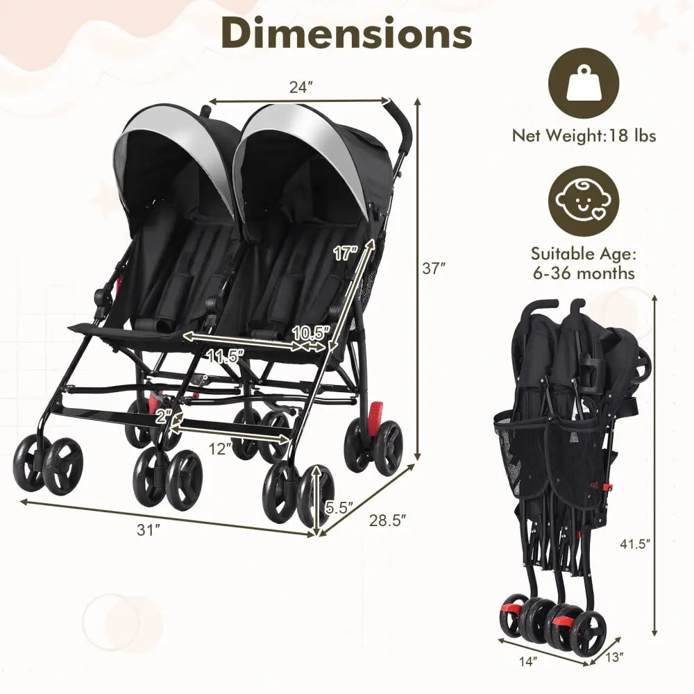 Foldable Twin Baby Double Stroller Ultralight Umbrella Kids Stroller-Black - Black - Baby Strollers