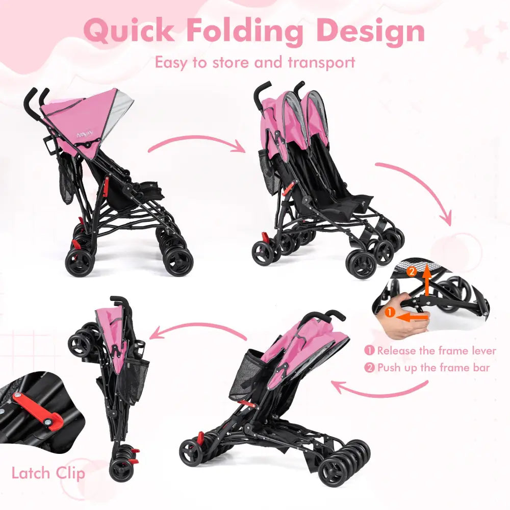 Foldable Twin Baby Double Stroller Ultralight Umbrella Kids Stroller-Pink - Pink - Baby Strollers