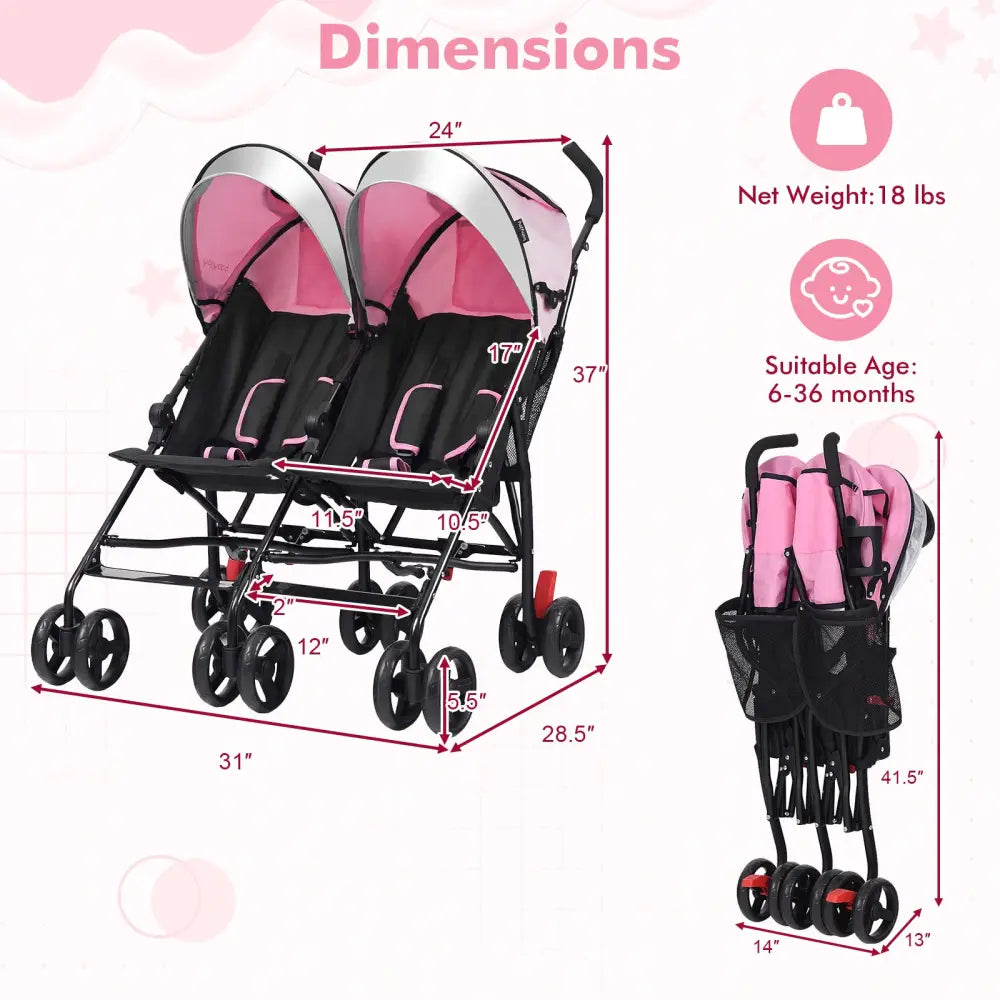 Foldable Twin Baby Double Stroller Ultralight Umbrella Kids Stroller-Pink - Pink - Baby Strollers