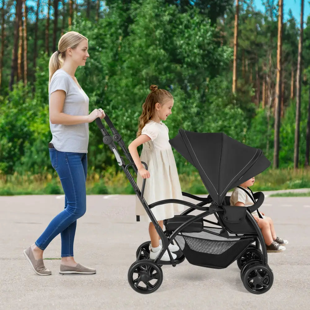 Foldable Twin Tandem Stroller Sit and Stand Double Stroller with Adjustable Handle Bar-Black - Black - Baby Strollers