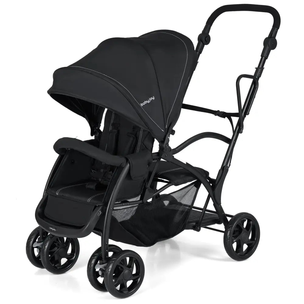 Foldable Twin Tandem Stroller Sit and Stand Double Stroller with Adjustable Handle Bar-Black - Black - Baby Strollers
