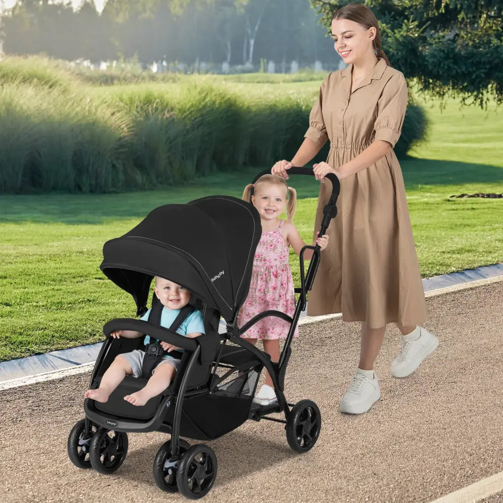 Foldable Twin Tandem Stroller Sit and Stand Double Stroller with Adjustable Handle Bar-Black - Black - Baby Strollers