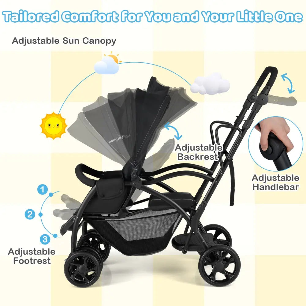 Foldable Twin Tandem Stroller Sit and Stand Double Stroller with Adjustable Handle Bar-Black - Black - Baby Strollers