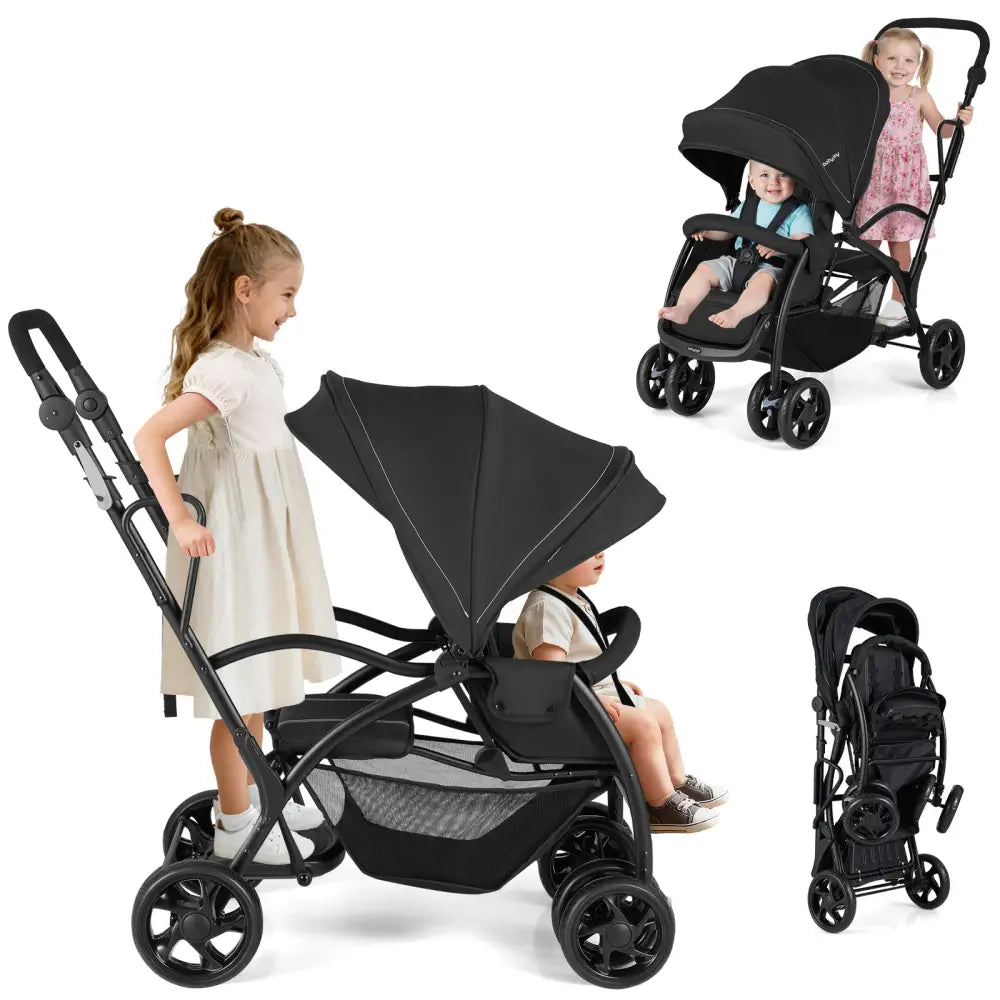 Foldable Twin Tandem Stroller Sit and Stand Double Stroller with Adjustable Handle Bar-Black - Black - Baby Strollers