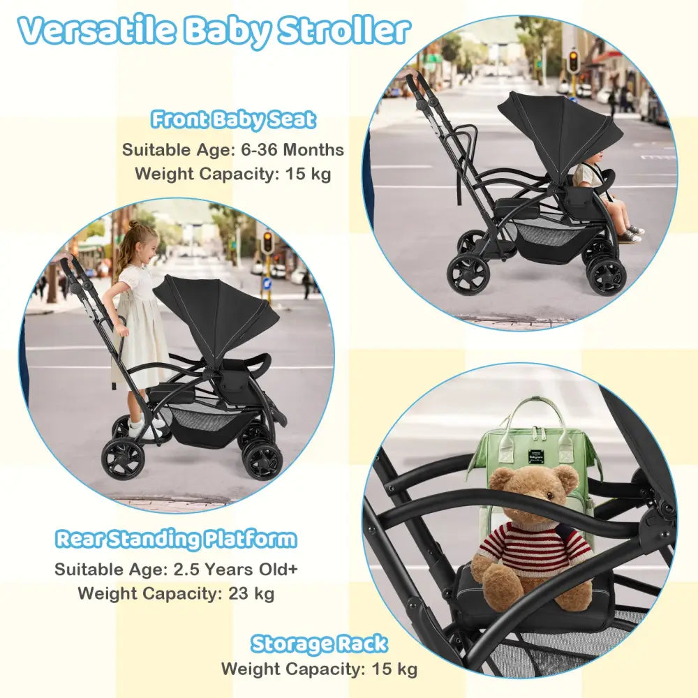 Foldable Twin Tandem Stroller Sit and Stand Double Stroller with Adjustable Handle Bar-Black - Black - Baby Strollers