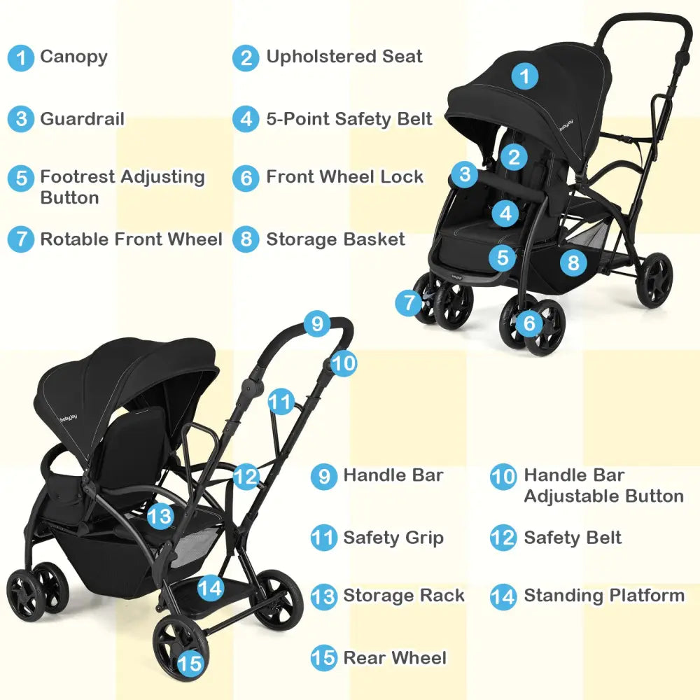 Foldable Twin Tandem Stroller Sit and Stand Double Stroller with Adjustable Handle Bar-Black - Black - Baby Strollers