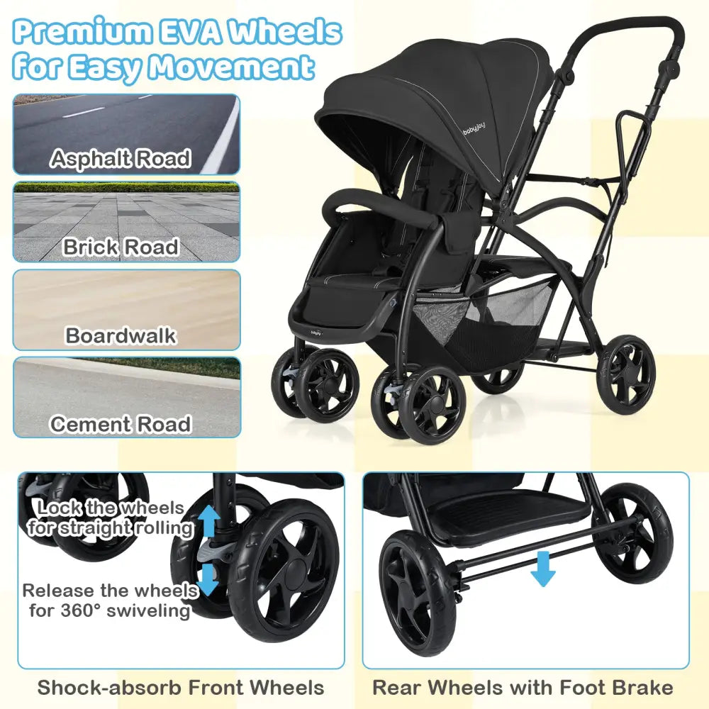 Foldable Twin Tandem Stroller Sit and Stand Double Stroller with Adjustable Handle Bar-Black - Black - Baby Strollers