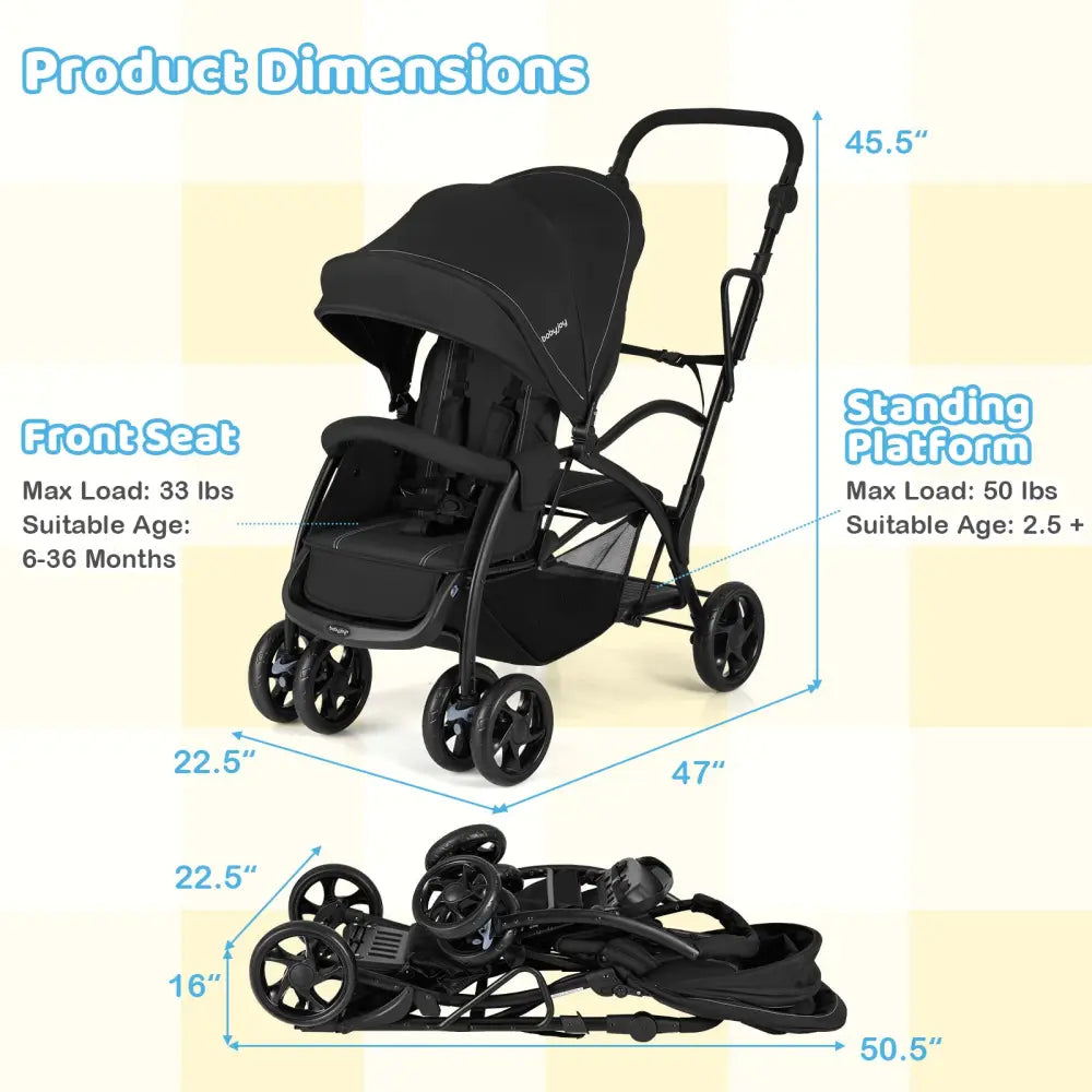 Foldable Twin Tandem Stroller Sit and Stand Double Stroller with Adjustable Handle Bar-Black - Black - Baby Strollers