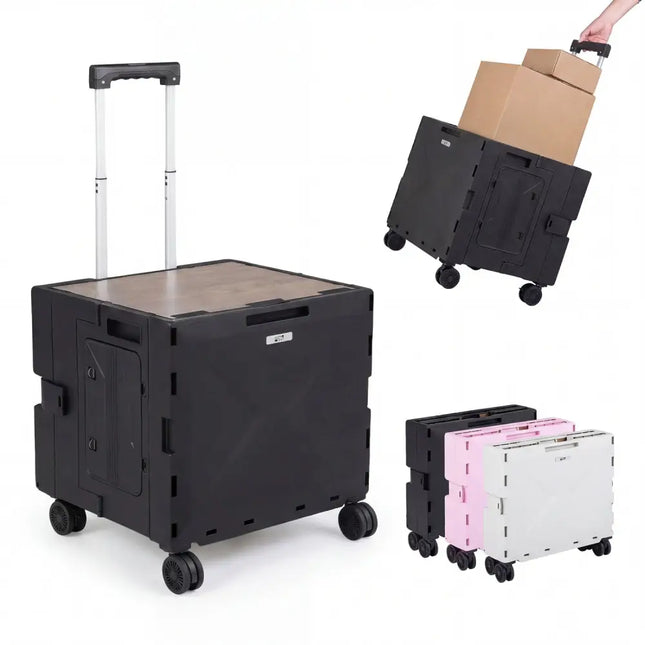 Foldable Utility Cart on 4 Rotate Wheels with Cup Holder-Black - Black - Camping Furniture