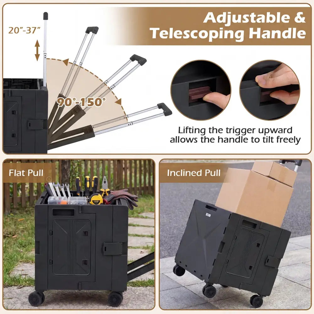 Foldable Utility Cart on 4 Rotate Wheels with Cup Holder-Black - Black - Camping Furniture