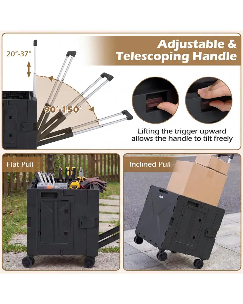 Foldable Utility Cart on 4 Rotate Wheels with Cup Holder-Black - Black - Camping Furniture