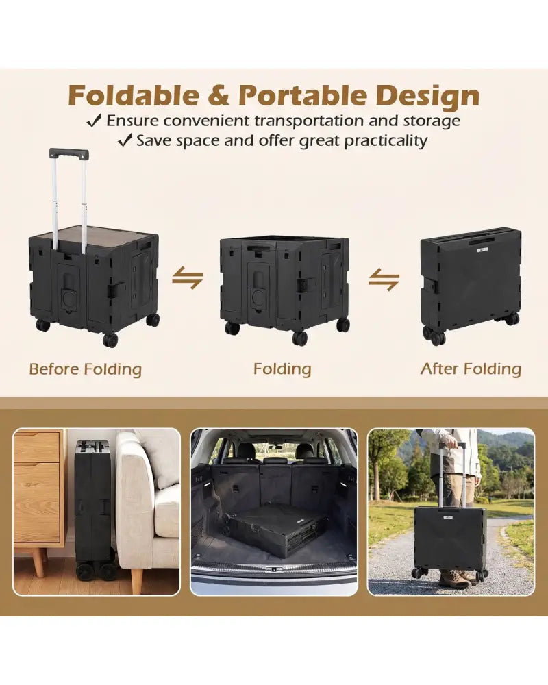 Foldable Utility Cart on 4 Rotate Wheels with Cup Holder-Black - Black - Camping Furniture