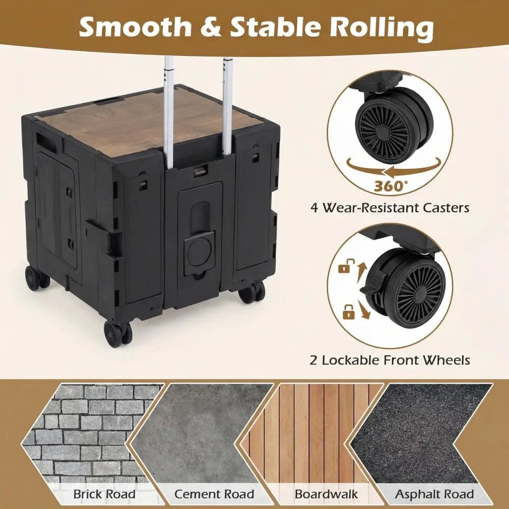 Foldable Utility Cart on 4 Rotate Wheels with Cup Holder-Black - Black - Camping Furniture