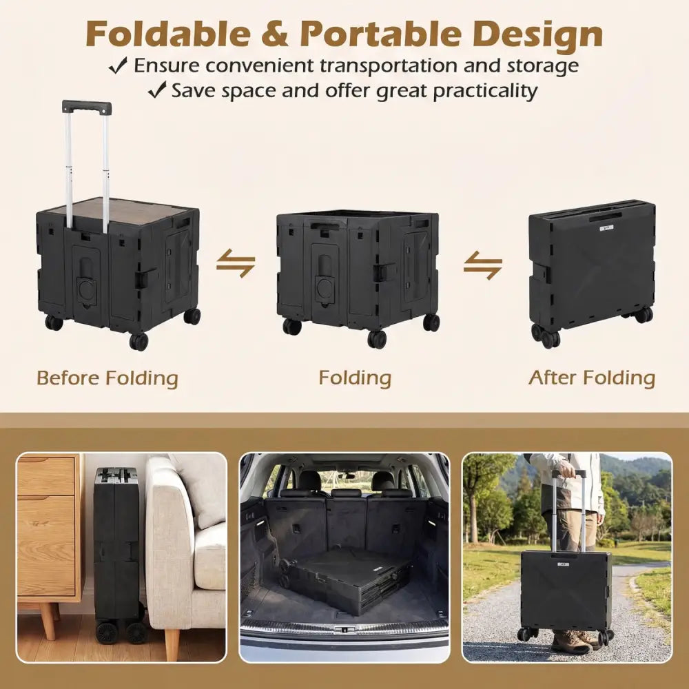Foldable Utility Cart on 4 Rotate Wheels with Cup Holder-Black - Black - Camping Furniture