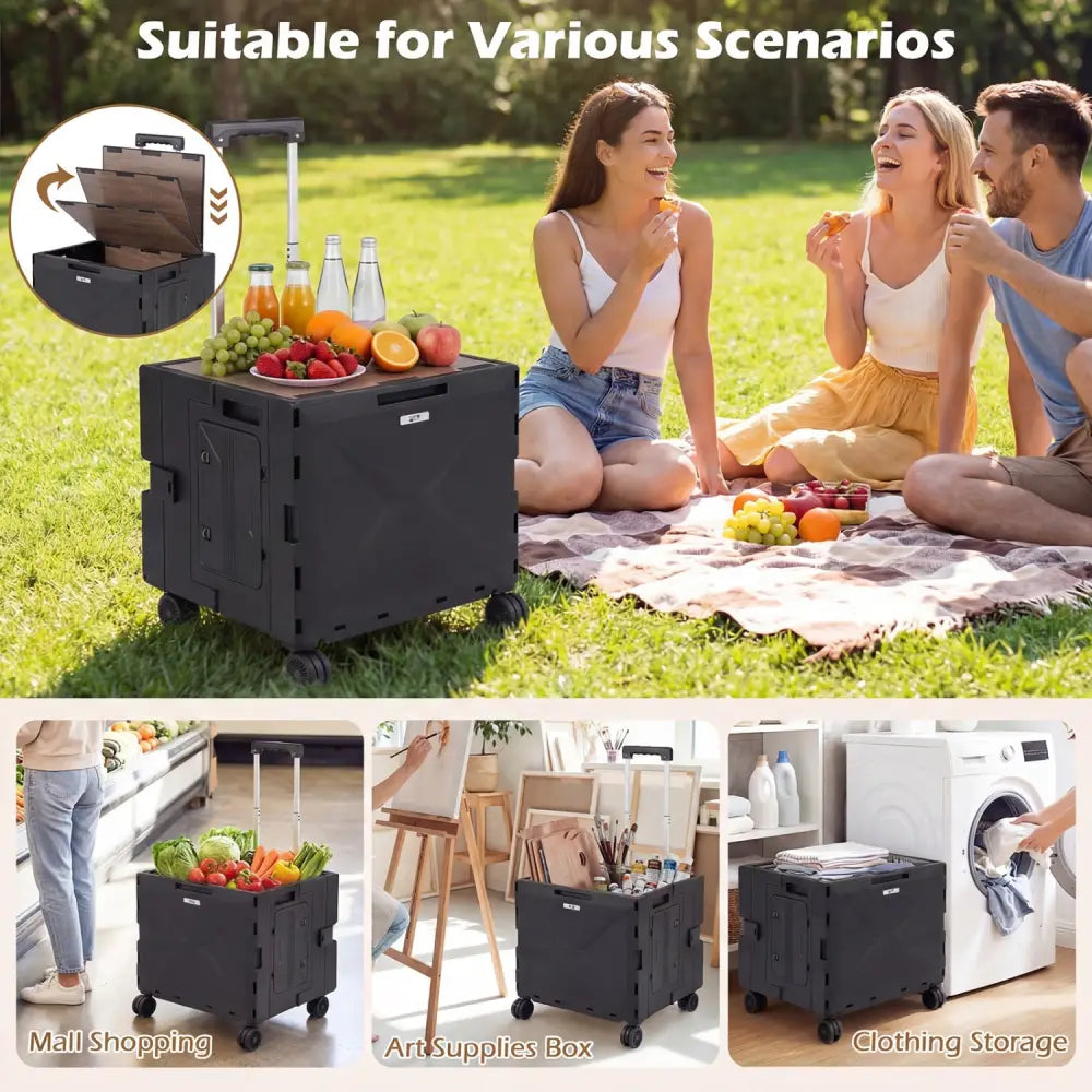 Foldable Utility Cart on 4 Rotate Wheels with Cup Holder-Black - Black - Camping Furniture
