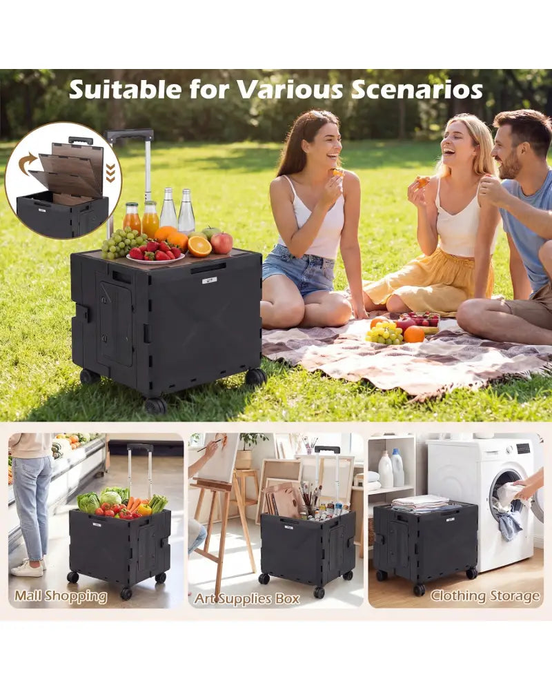 Foldable Utility Cart on 4 Rotate Wheels with Cup Holder-Black - Black - Camping Furniture