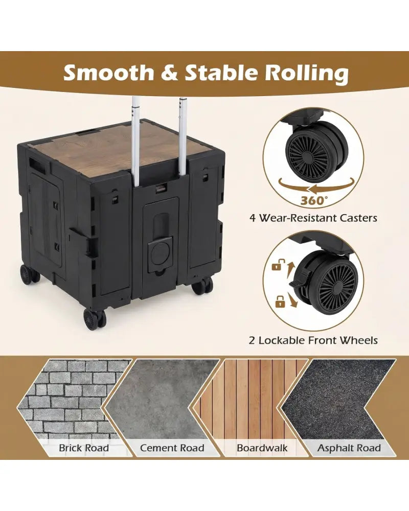Foldable Utility Cart on 4 Rotate Wheels with Cup Holder-Black - Black - Camping Furniture