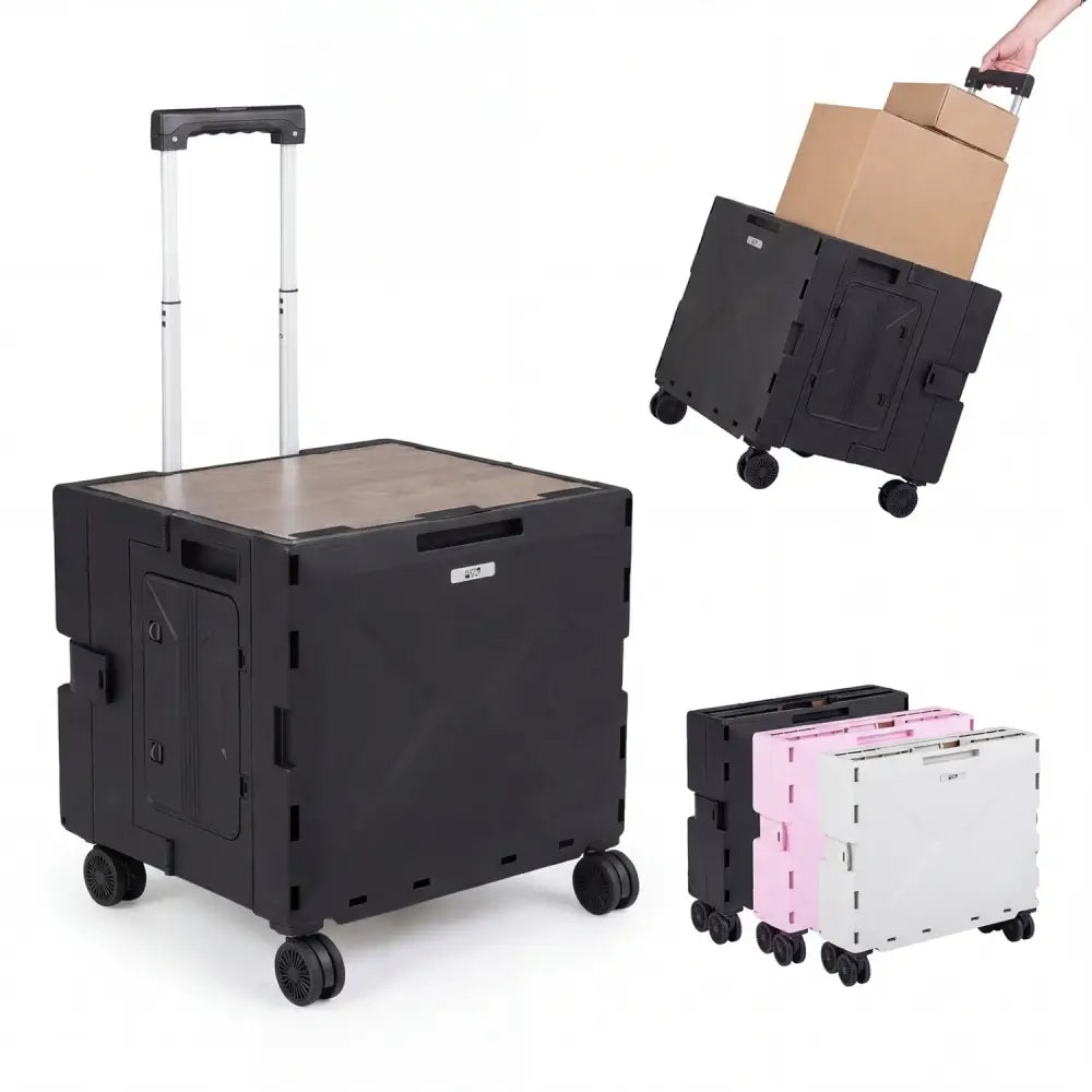 Foldable Utility Cart on 4 Rotate Wheels with Cup Holder-Black - Black - Camping Furniture