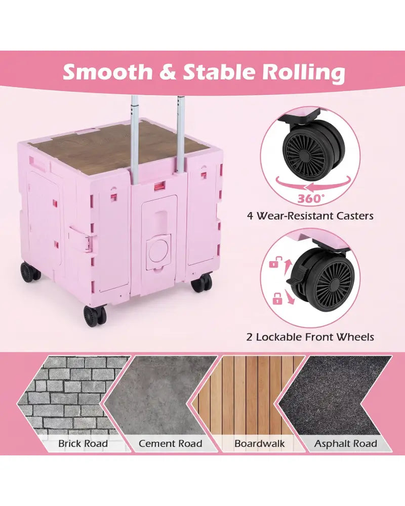 Foldable Utility Cart on 4 Rotate Wheels with Cup Holder-Pink - Pink - Camping Furniture