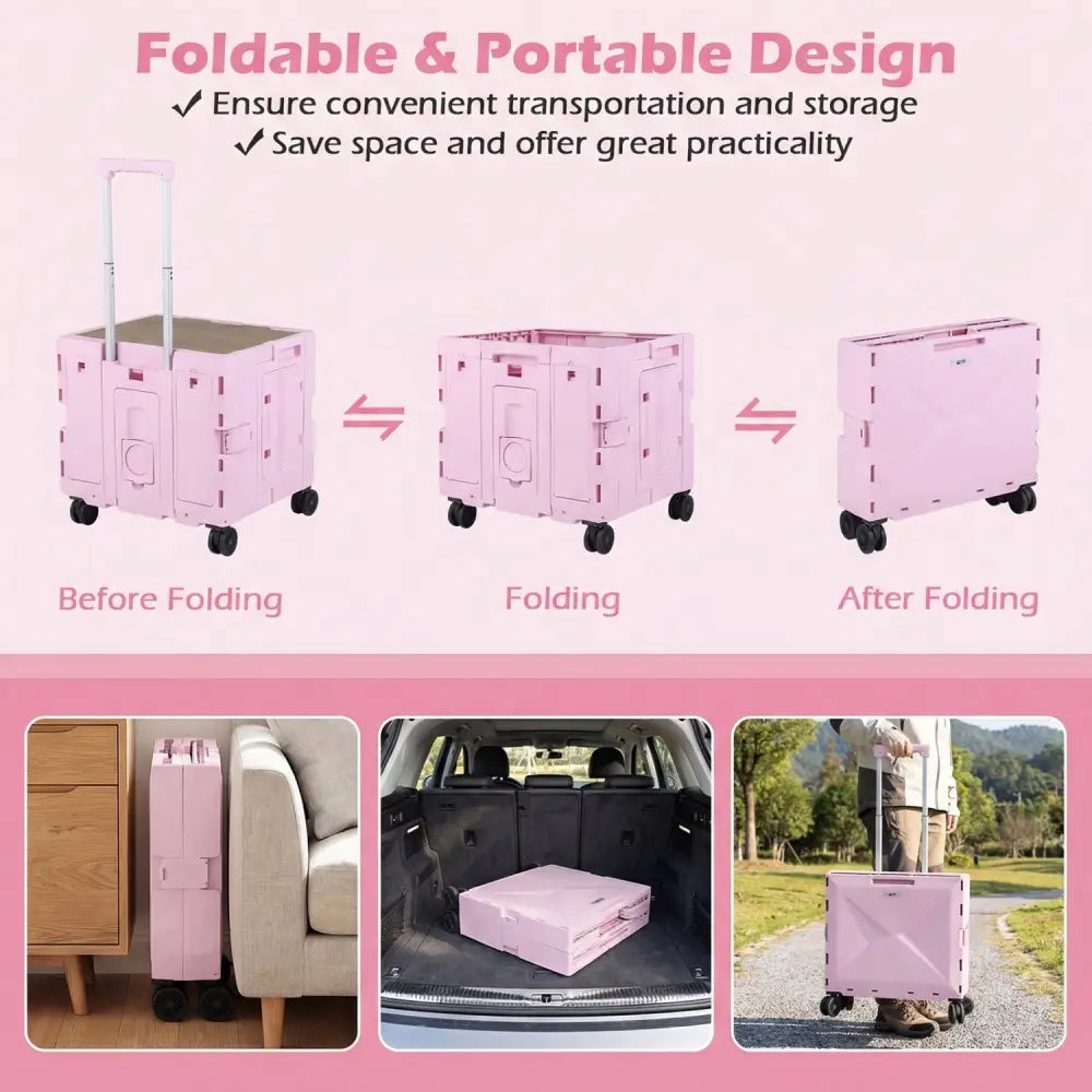 Foldable Utility Cart on 4 Rotate Wheels with Cup Holder-Pink - Pink - Camping Furniture