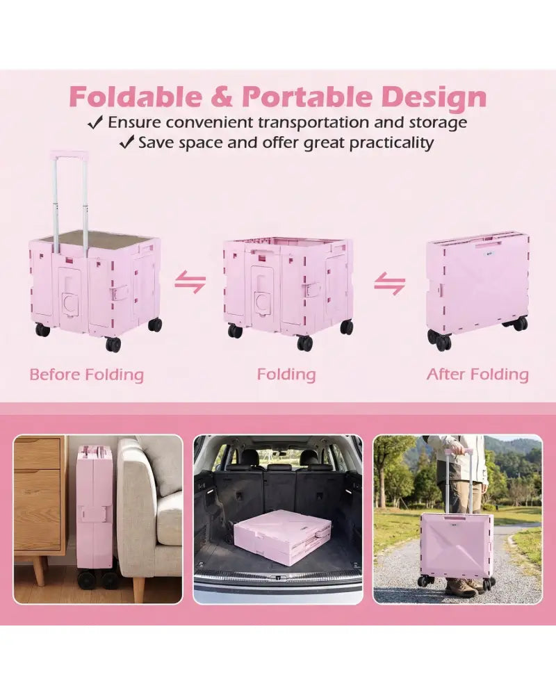 Foldable Utility Cart on 4 Rotate Wheels with Cup Holder-Pink - Pink - Camping Furniture