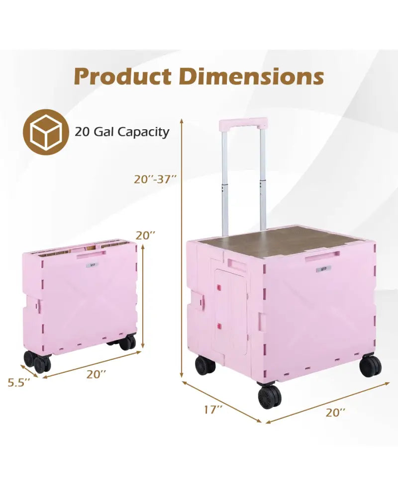 Foldable Utility Cart on 4 Rotate Wheels with Cup Holder-Pink - Pink - Camping Furniture