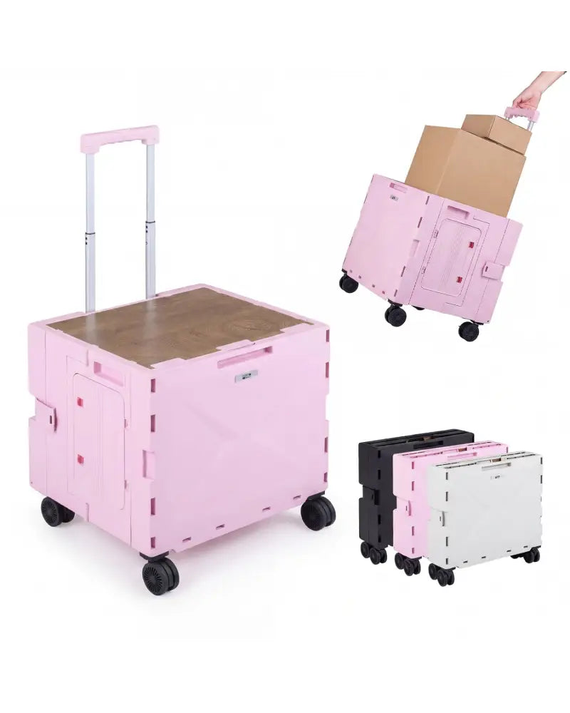 Foldable Utility Cart on 4 Rotate Wheels with Cup Holder-Pink - Pink - Camping Furniture