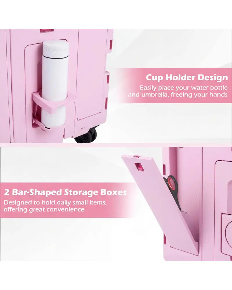 Foldable Utility Cart on 4 Rotate Wheels with Cup Holder-Pink - Pink - Camping Furniture