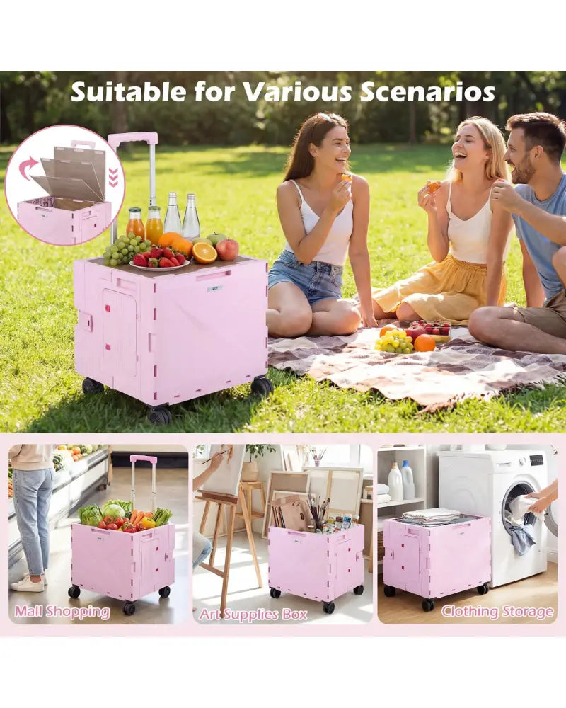 Foldable Utility Cart on 4 Rotate Wheels with Cup Holder-Pink - Pink - Camping Furniture
