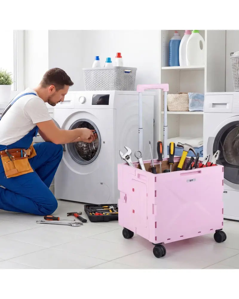 Foldable Utility Cart on 4 Rotate Wheels with Cup Holder-Pink - Pink - Camping Furniture