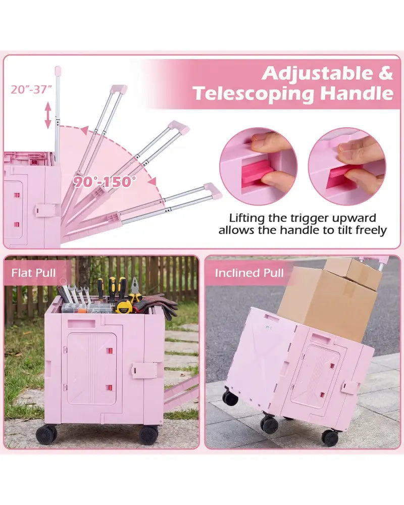 Foldable Utility Cart on 4 Rotate Wheels with Cup Holder-Pink - Pink - Camping Furniture
