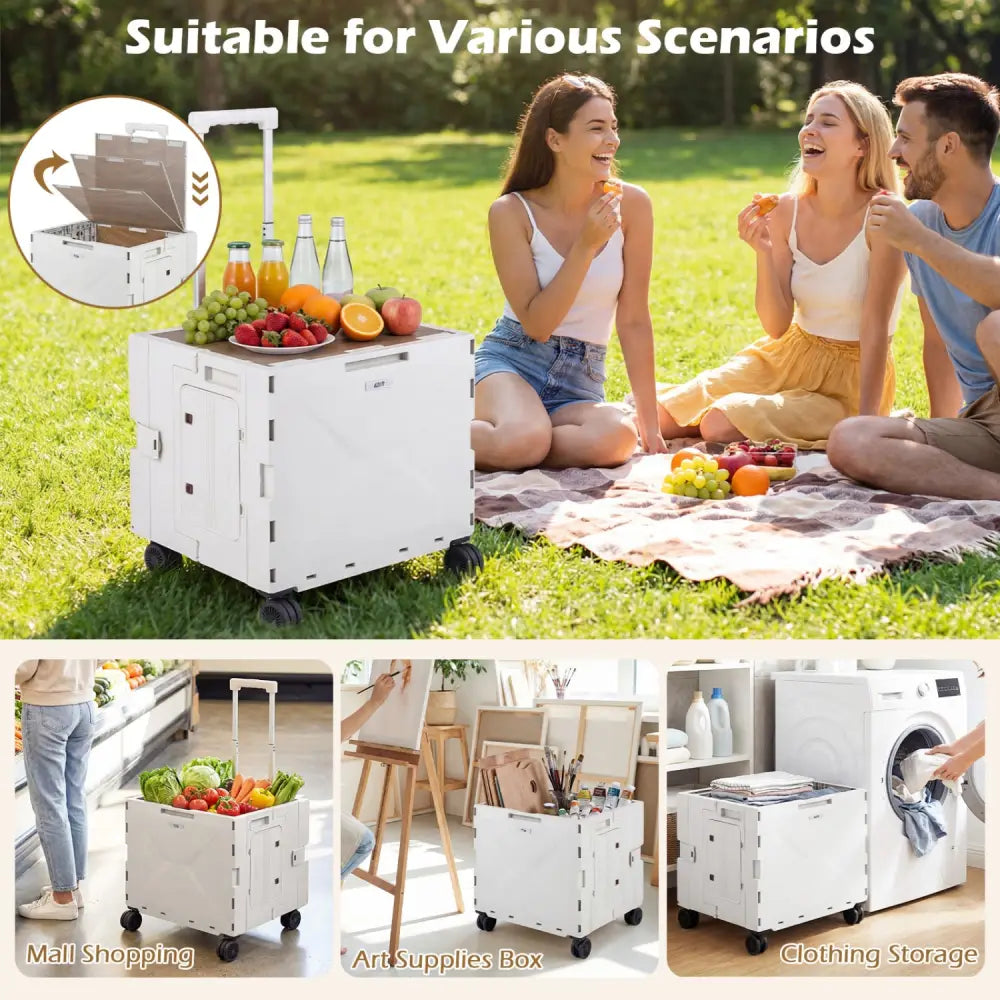 Foldable Utility Cart on 4 Rotate Wheels with Cup Holder-White - White - Camping Furniture